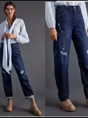 Anthropologie Pilcro bow boyfriend Dark Blue Distressed High-Rise Jeans 32